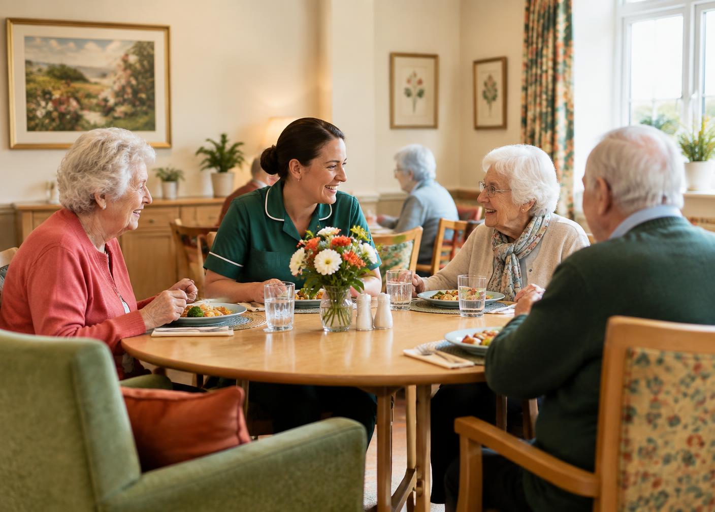 Elderly residents and a carer chatting over lunch in a bright care home dining room