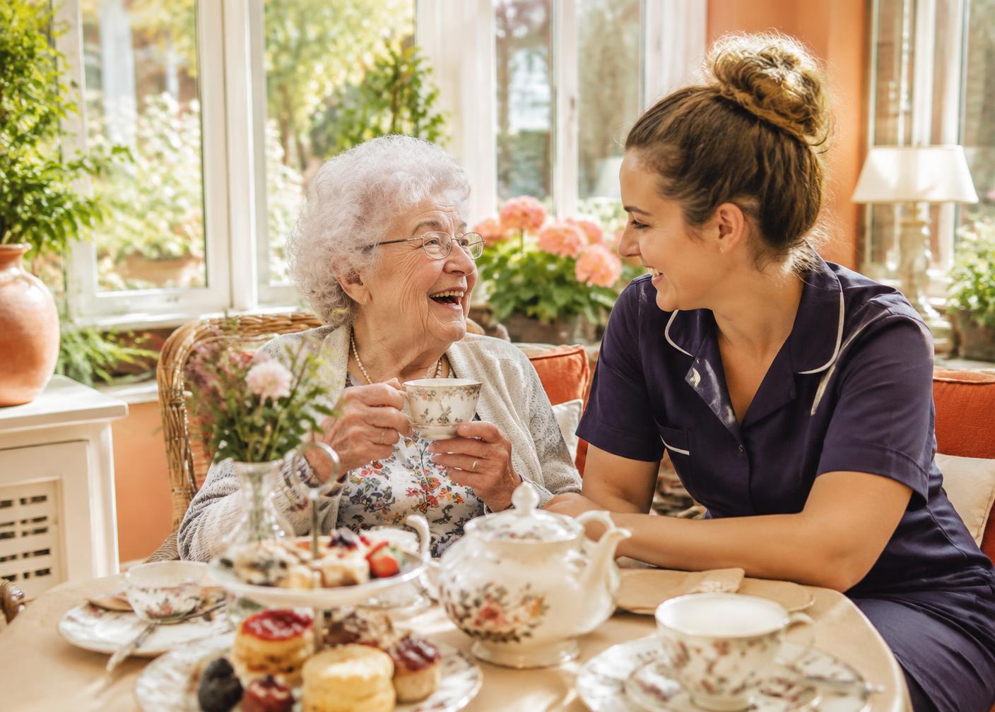 An elderly woman laughing over afternoon tea with a carer in a bright care home conservatory