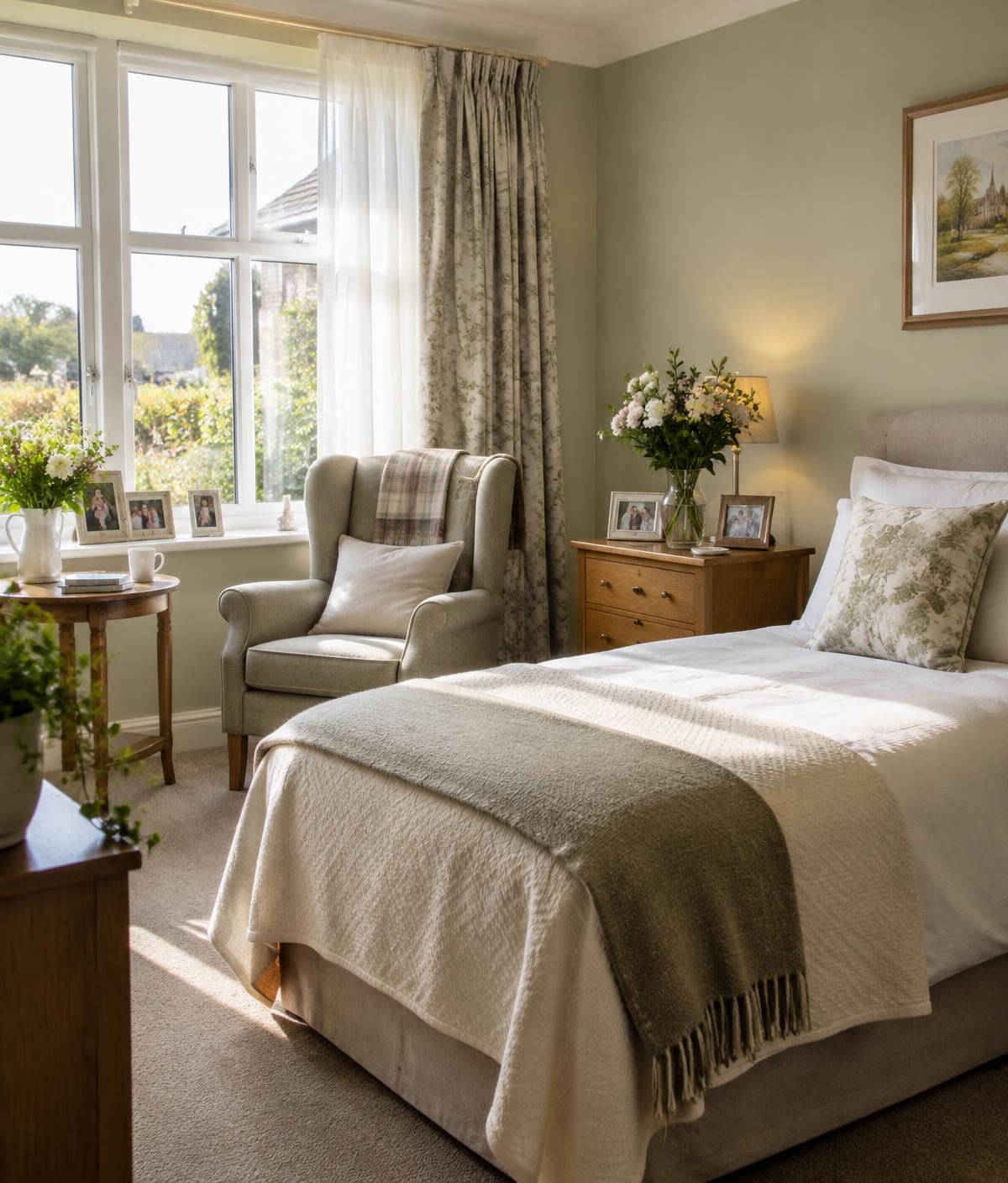 A bright care home bedroom with an armchair, fresh flowers and family photographs